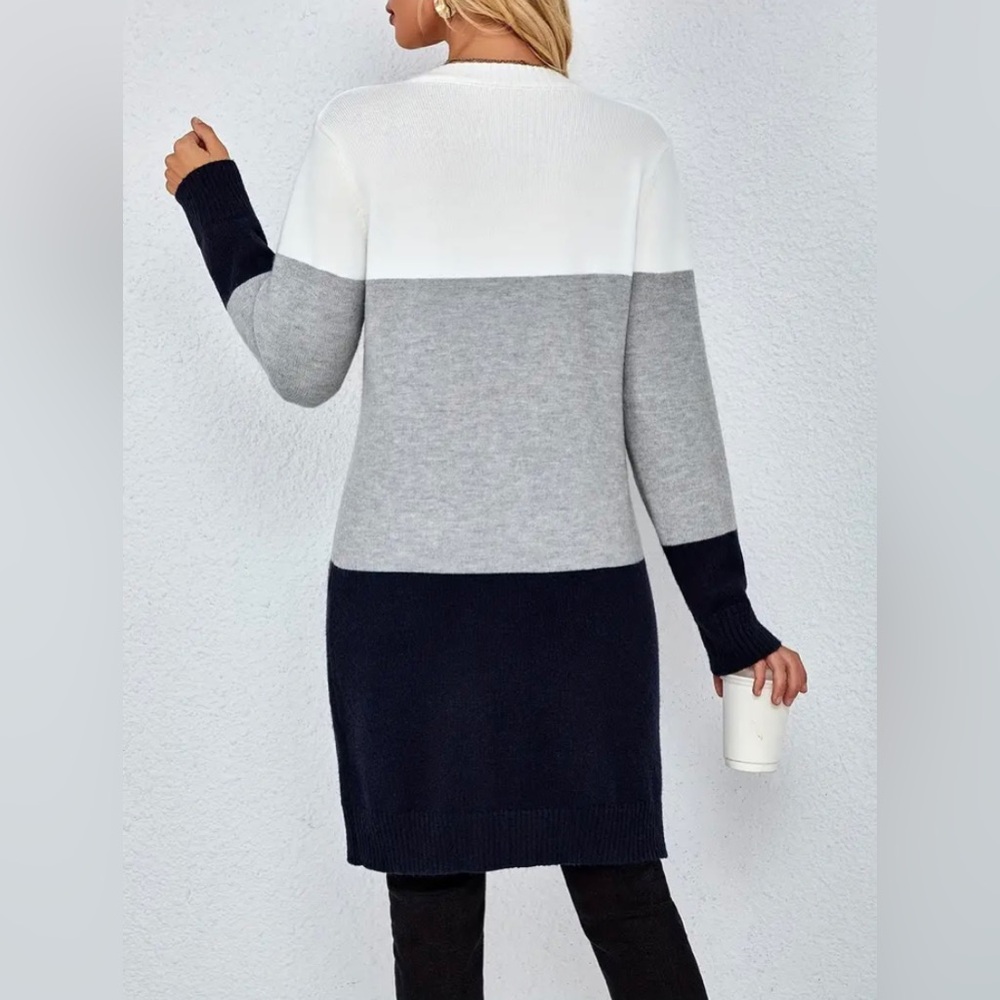 New Cozy Longline Cardigan Chunky Knit Colorblock Long Sleeves White Gray Navy - Picture 12 of 16